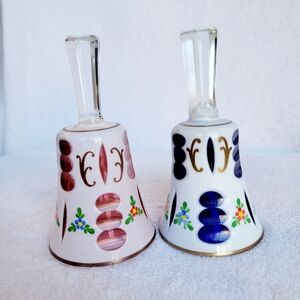 Set Of 2 BOHEMIAN CRYSTAL CZECH White Cut To Blue Cranberry Glass Bells Vintage